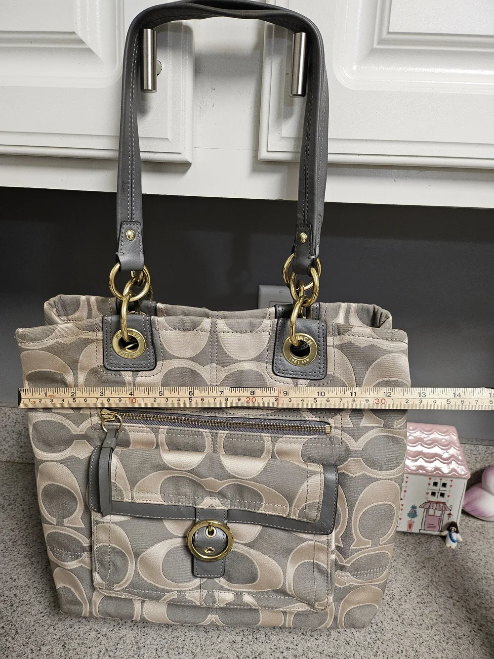 Coach Beige & Gray Signature Tote with Gold Hardware